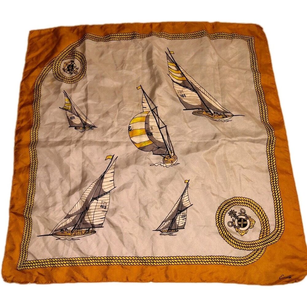 Vintage ECHO Silk Scarf Nautical Sailboat Anchor Rope Border Mustard Yellow Gray